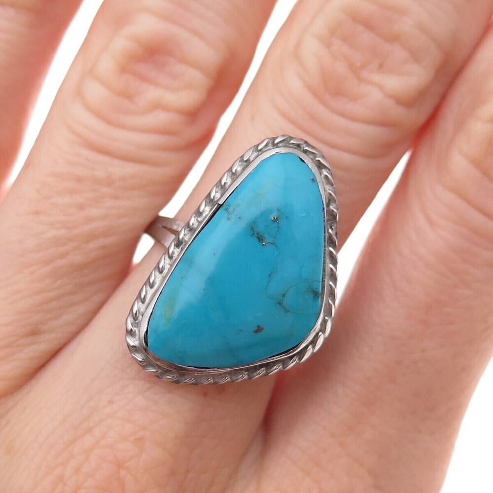 Old Pawn 925 Sterling Silver Vintage Southwestern Turquoise Tribal Ring Size 8.5